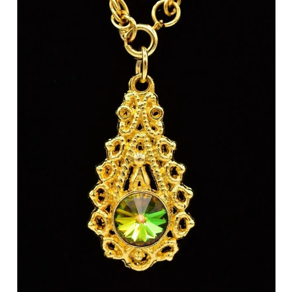 Vintage Crystal Pendant Necklace Brushed Gold Shiny Watermelon Chrome 1980s 9J